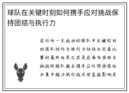 球队在关键时刻如何携手应对挑战保持团结与执行力