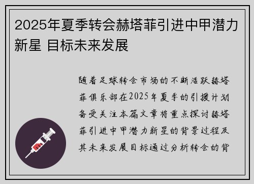 2025年夏季转会赫塔菲引进中甲潜力新星 目标未来发展