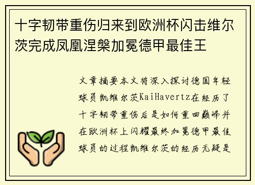 十字韧带重伤归来到欧洲杯闪击维尔茨完成凤凰涅槃加冕德甲最佳王