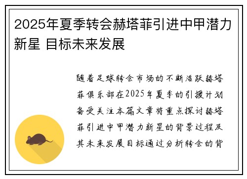 2025年夏季转会赫塔菲引进中甲潜力新星 目标未来发展